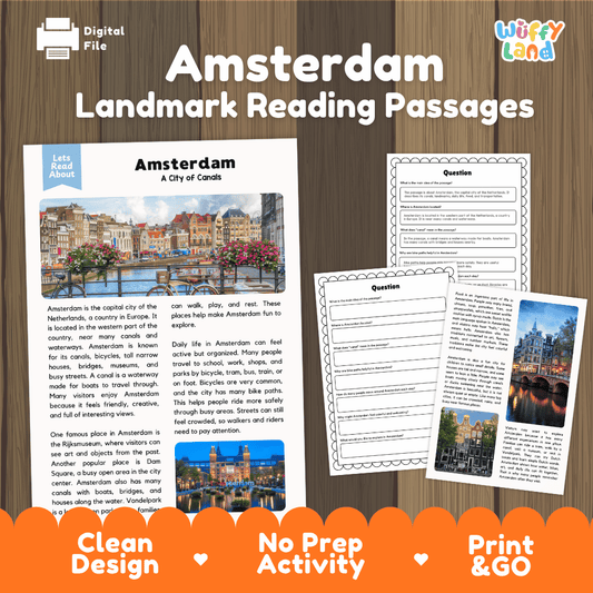 Amsterdam landmark reading passage and comprehension worksheet educational unit featuring nonfiction text and authentic Dutch canal bridge bicycle photography