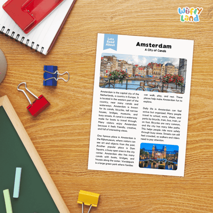 Lined reading comprehension question worksheet covering main ideas vocabulary terms and landmark facts about Amsterdam Netherlands