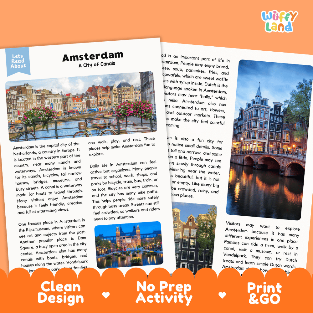 Reference sheet and answer key for Amsterdam landmark reading passage displaying completed comprehension answers and European geography facts