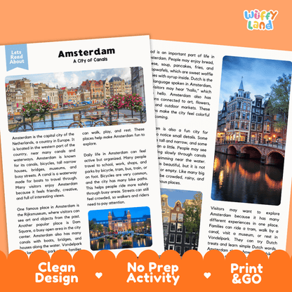Reference sheet and answer key for Amsterdam landmark reading passage displaying completed comprehension answers and European geography facts