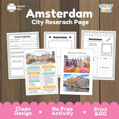Digital preview of an Amsterdam city research page activity sheet set on a wood background, with three sample pages shown and marketing text including 'Clean Design', 'No Prep Activity', and 'Print & GO'.