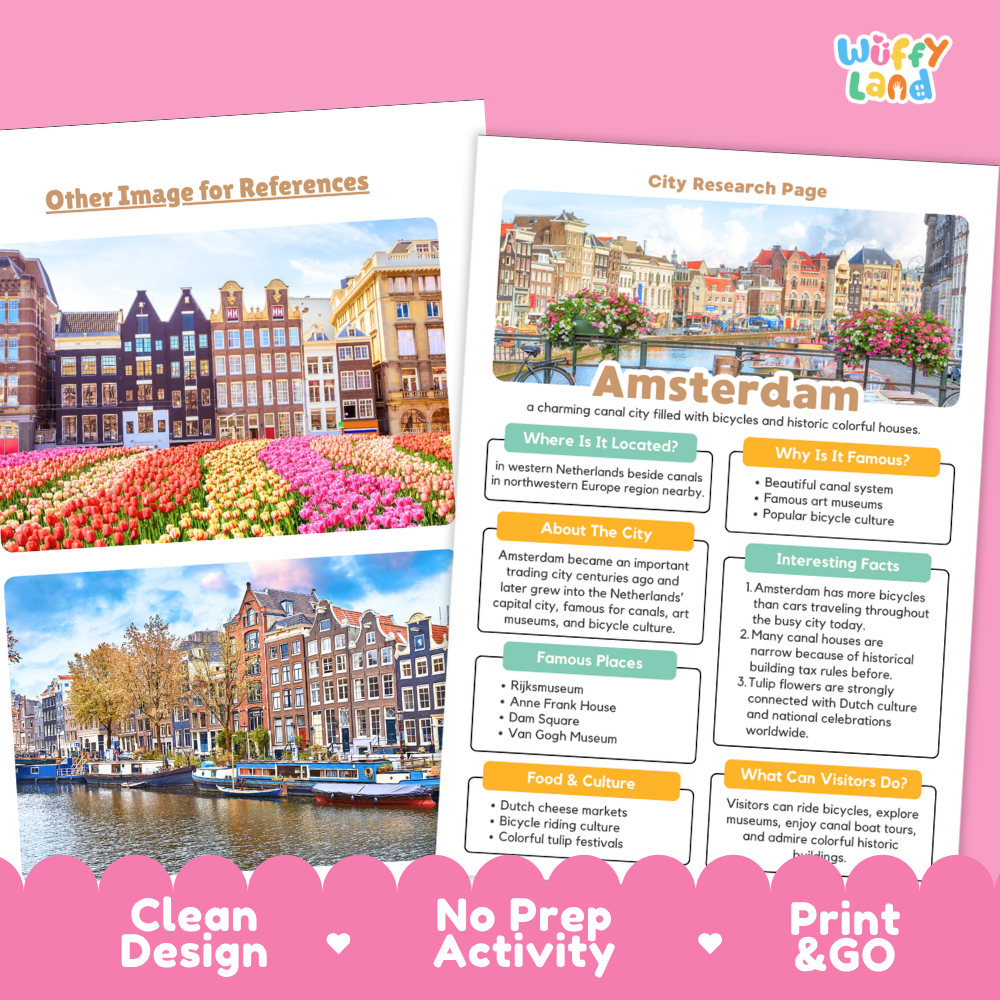 Two printed activity sheets for a Dutch city research project about Amsterdam, shown on a pink background with decorative text banners reading 'Other Image for References,' 'City Research Page,' and 'Clean Design No Prep Activity Print & GO.' The sheets contain colorful photos of Amsterdam canals and houses, a map, and text boxes for facts and places.
