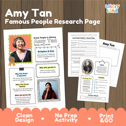 Amy Tan biography research worksheets pack featuring graphic organizers, timeline activity, and student writing template