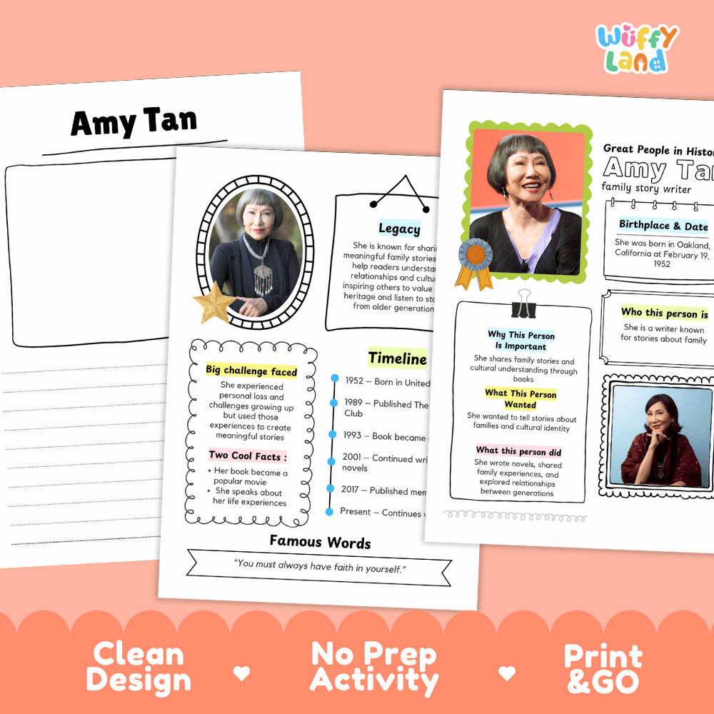 Great People in History student fact profile card detailing Amy Tan's birthplace, writing career, and bestselling achievements