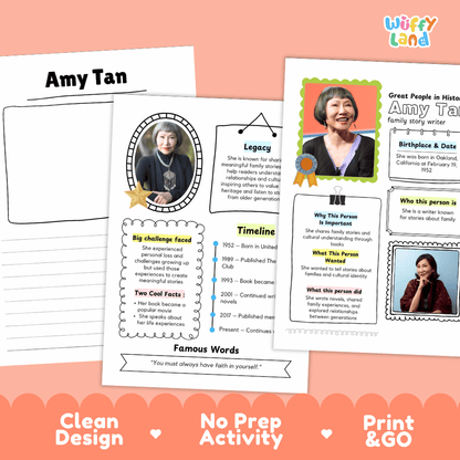 Great People in History student fact profile card detailing Amy Tan's birthplace, writing career, and bestselling achievements