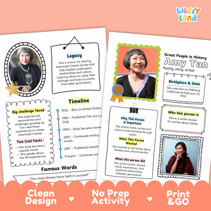 Educational biography summary worksheet featuring a chronological timeline, famous quote, and lined student writing page