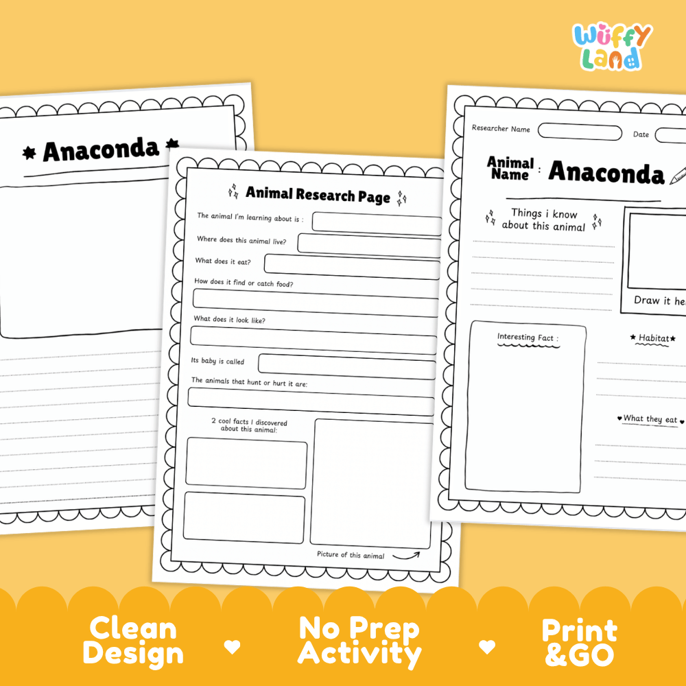 Anaconda Animal Research Project Worksheets and Activity