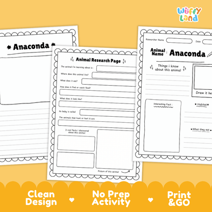 Anaconda Animal Research Project Worksheets and Activity