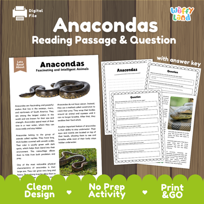 Anacondas Reading Passage and Comprehension Questions Worksheets with Answer Key