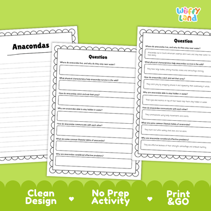 Anacondas Reading Passage and Comprehension Questions Worksheets with Answer Key