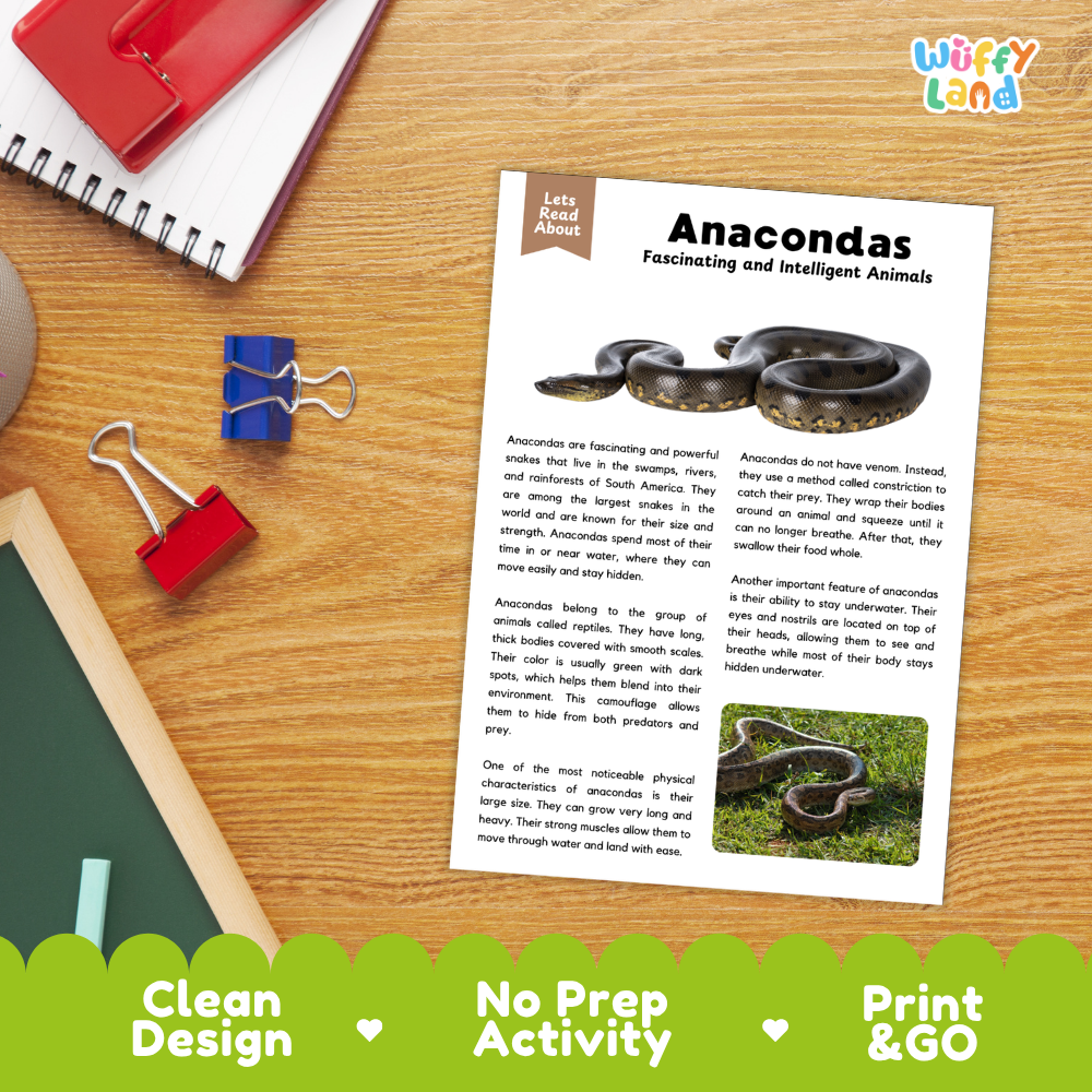 Anacondas Reading Passage and Comprehension Questions Worksheets with Answer Key