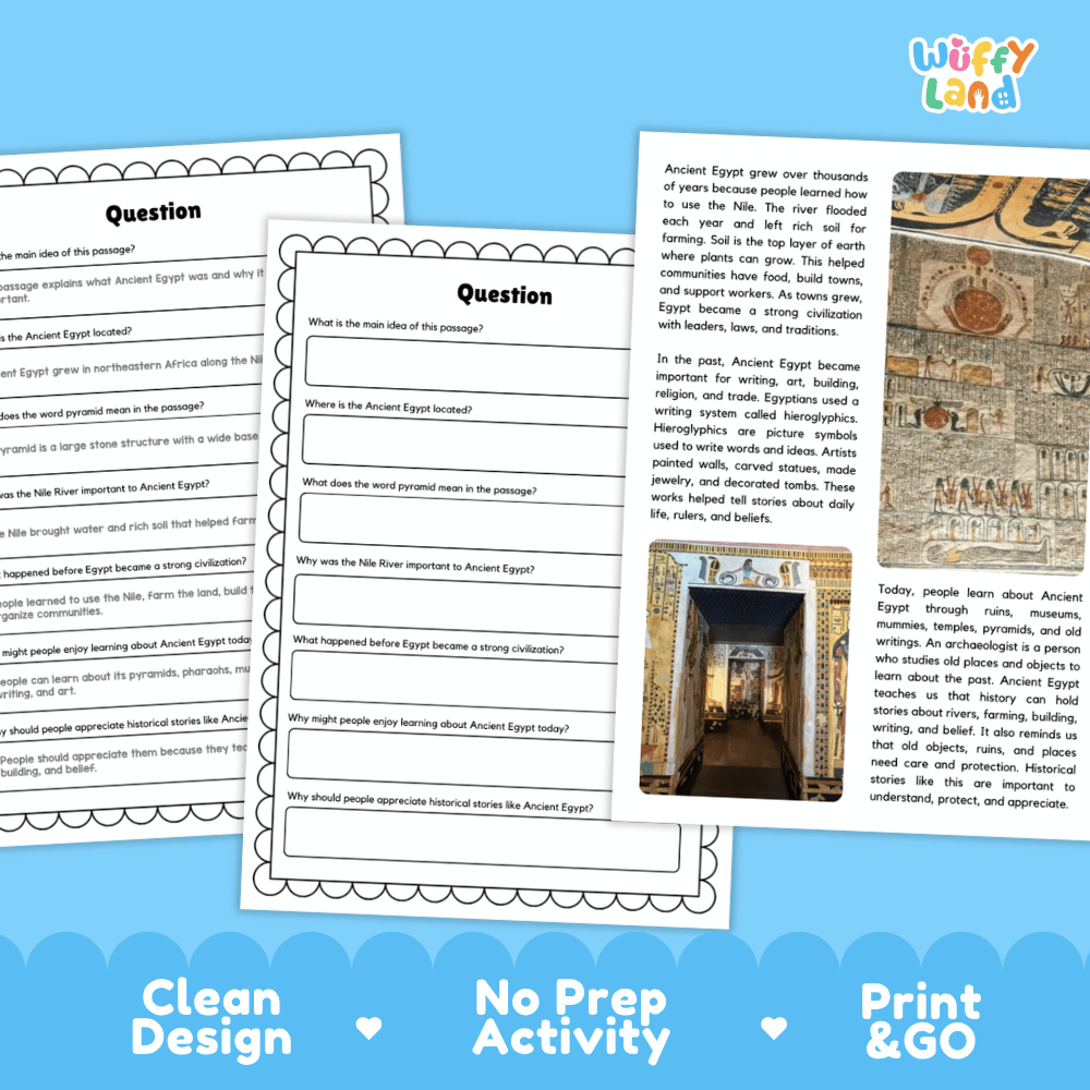 Student reading passage titled A Civilization Beside the Nile detailing Ancient Egypt Nile River pyramids pharaohs hieroglyphics and ancient artifact photography