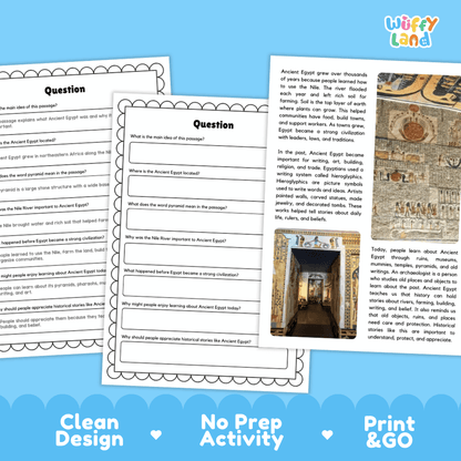 Student reading passage titled A Civilization Beside the Nile detailing Ancient Egypt Nile River pyramids pharaohs hieroglyphics and ancient artifact photography