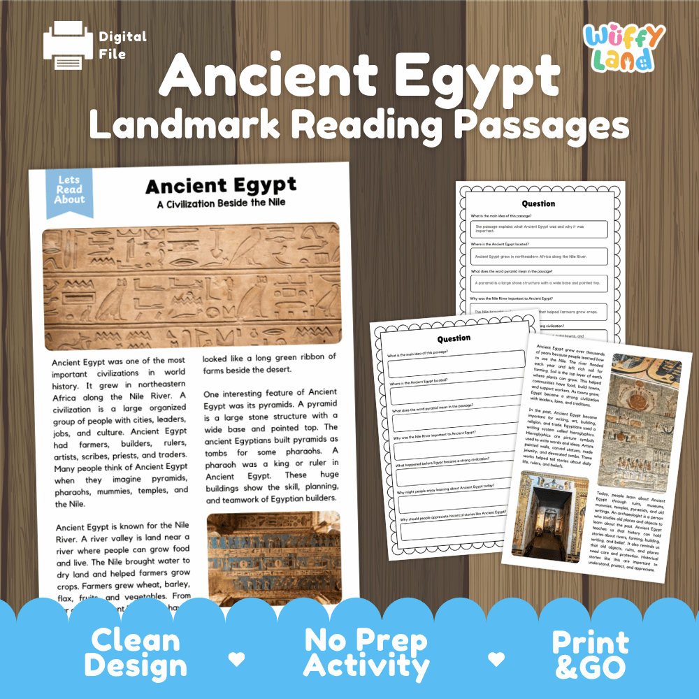 Ancient Egypt landmark reading passage and comprehension worksheet educational unit featuring nonfiction text and authentic carved stone hieroglyphics photography