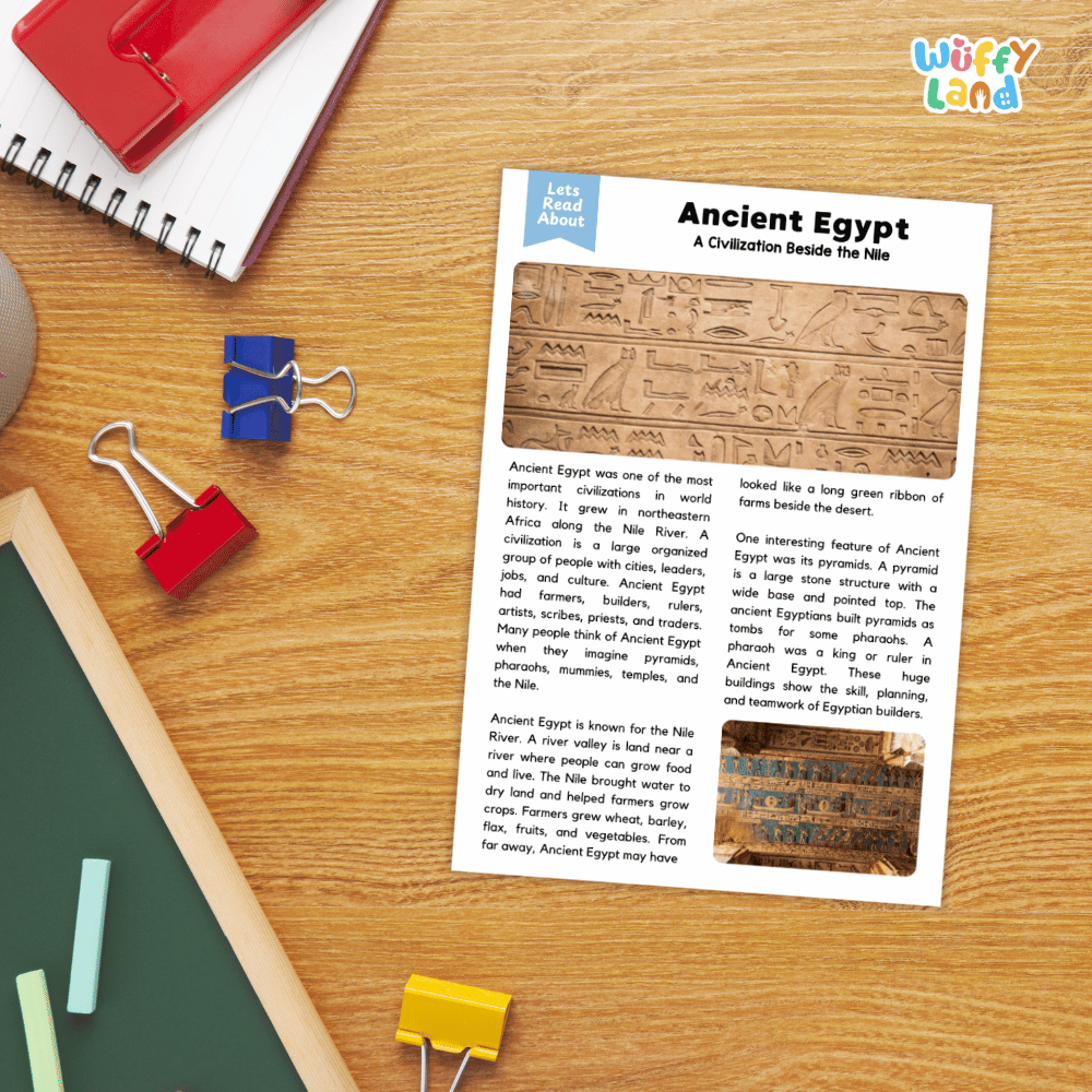 Lined reading comprehension question worksheet covering main ideas vocabulary terms and Ancient Egypt civilization facts