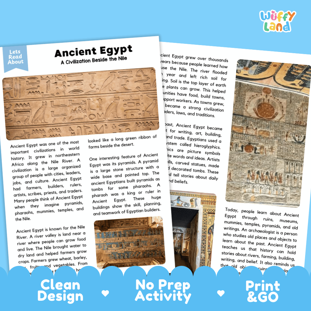 Reference sheet and answer key for Ancient Egypt reading passage displaying completed comprehension answers and ancient world history facts