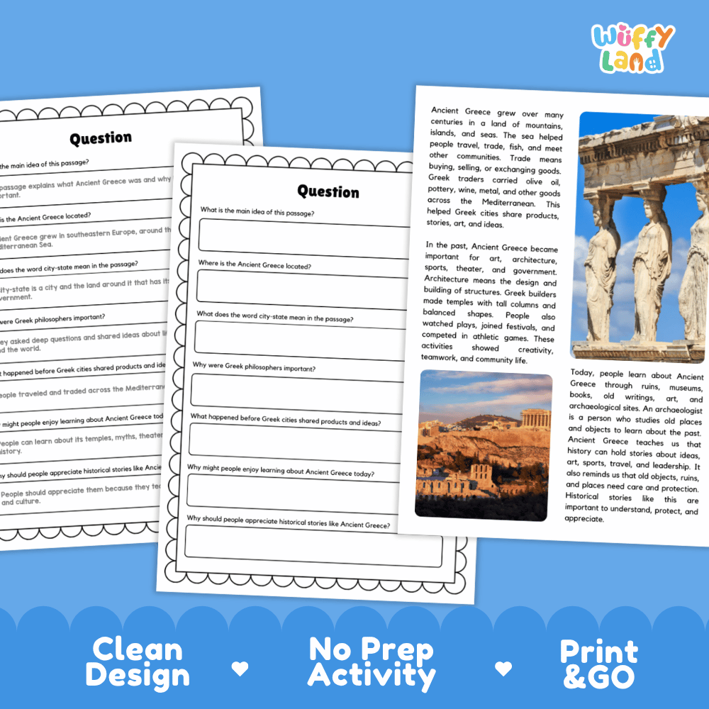 Student reading passage titled A Civilization of Ideas and Art detailing Ancient Greece city-states philosophers architecture Acropolis and archaeology photography