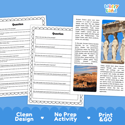 Student reading passage titled A Civilization of Ideas and Art detailing Ancient Greece city-states philosophers architecture Acropolis and archaeology photography