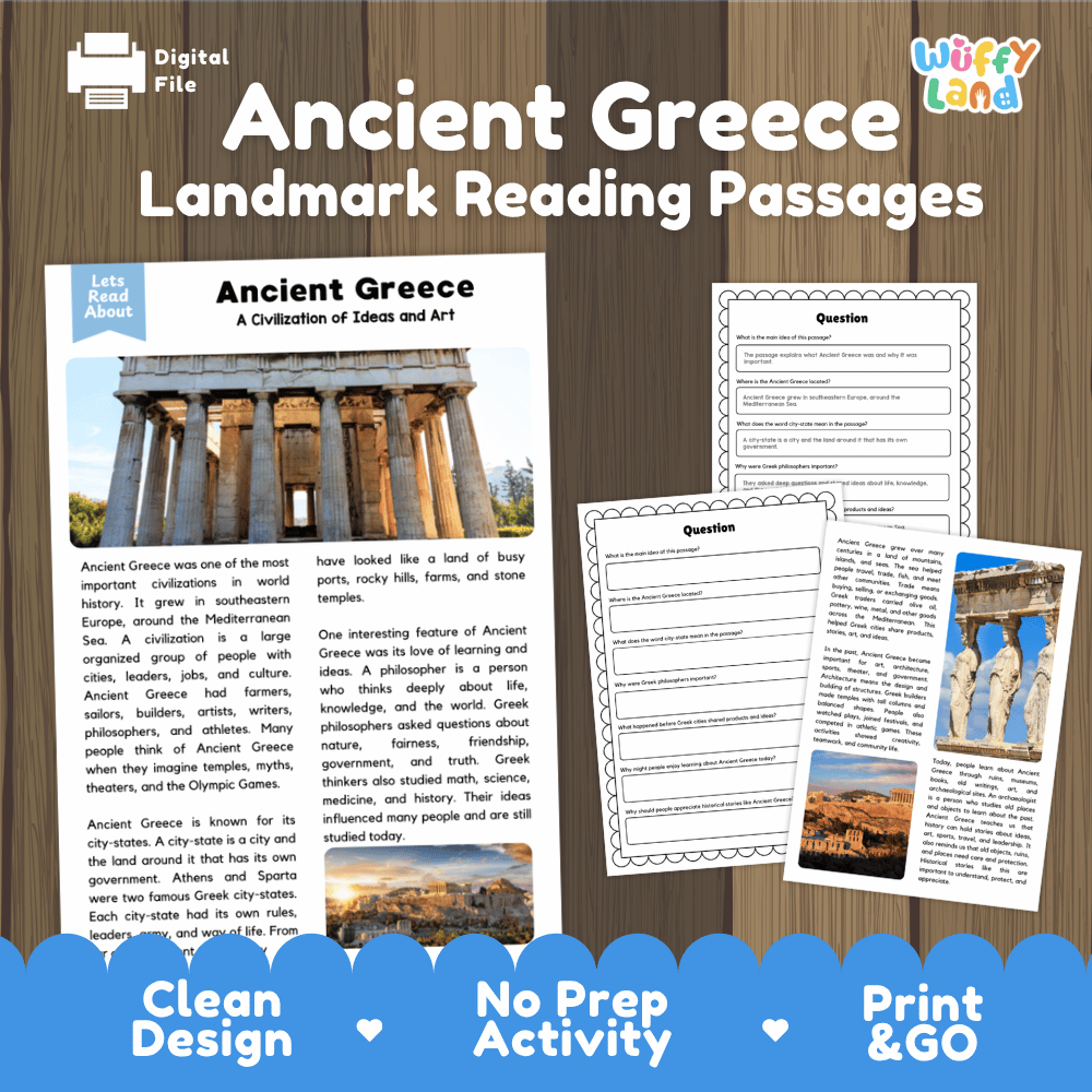 Ancient Greece landmark reading passage and comprehension worksheet educational unit featuring nonfiction text and authentic Greek temple ruins photography