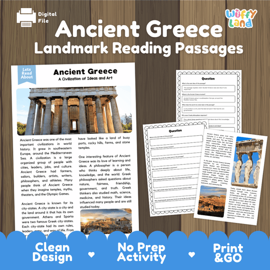 Ancient Greece landmark reading passage and comprehension worksheet educational unit featuring nonfiction text and authentic Greek temple ruins photography