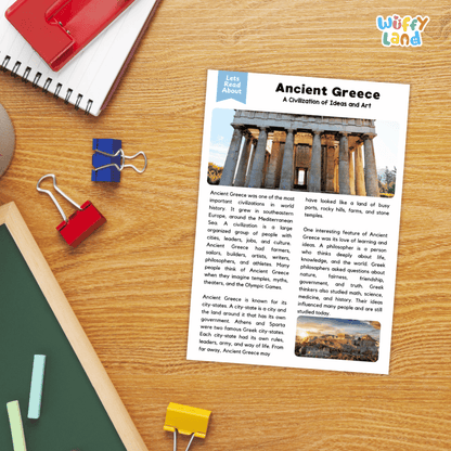 Lined reading comprehension question worksheet covering main ideas vocabulary terms and Ancient Greece civilization facts