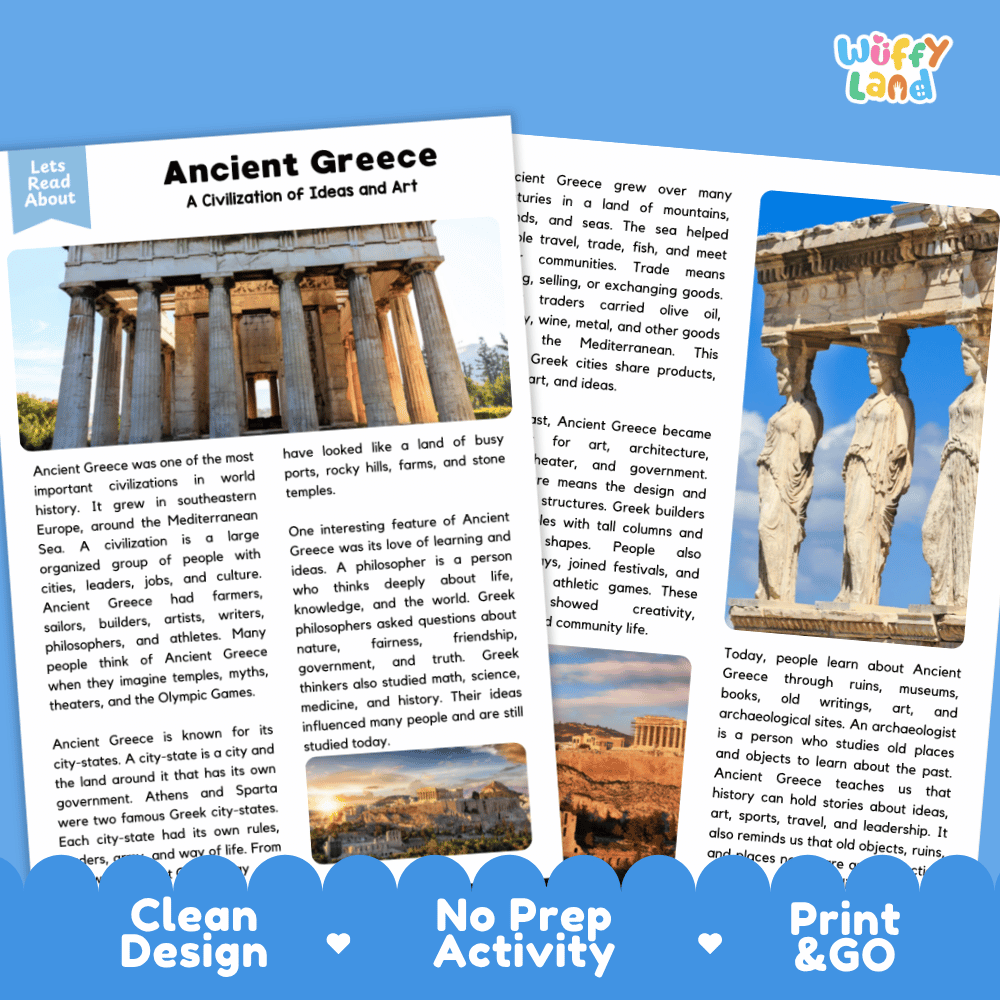 Reference sheet and answer key for Ancient Greece reading passage displaying completed comprehension answers and ancient Mediterranean history facts