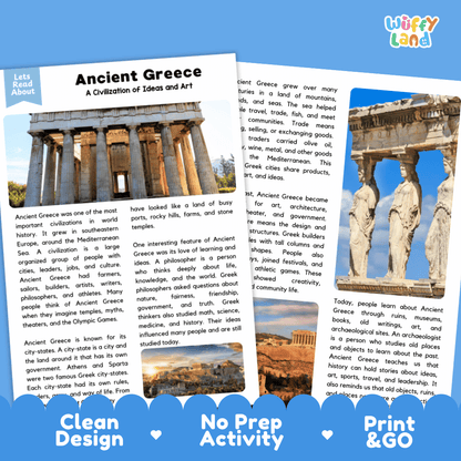Reference sheet and answer key for Ancient Greece reading passage displaying completed comprehension answers and ancient Mediterranean history facts