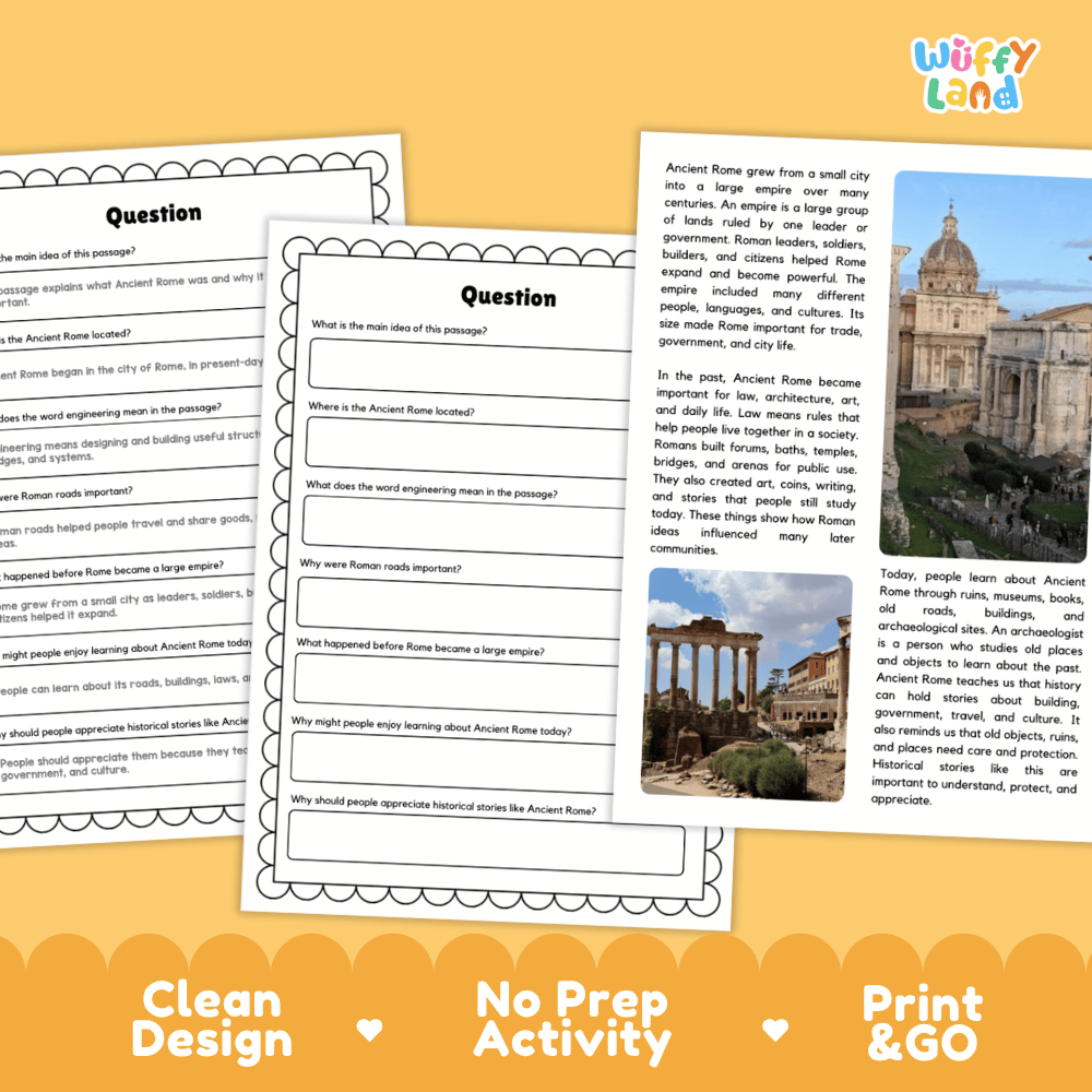 Student reading passage titled A Powerful Civilization in Europe detailing Ancient Rome Roman roads aqueducts Colosseum and archaeological ruins photography