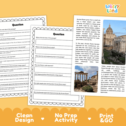Student reading passage titled A Powerful Civilization in Europe detailing Ancient Rome Roman roads aqueducts Colosseum and archaeological ruins photography