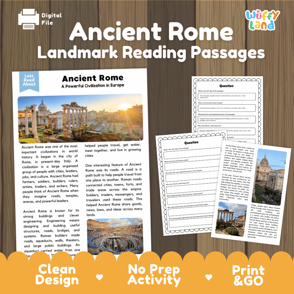Ancient Rome landmark reading passage and comprehension worksheet educational unit featuring nonfiction text and authentic Roman Forum ruins photography