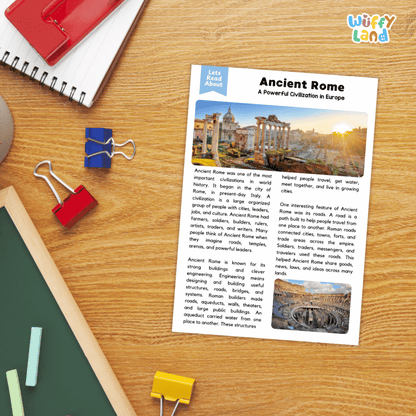 Lined reading comprehension question worksheet covering main ideas vocabulary terms and Ancient Rome civilization facts
