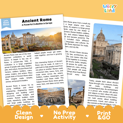 Reference sheet and answer key for Ancient Rome reading passage displaying completed comprehension answers and ancient European history facts