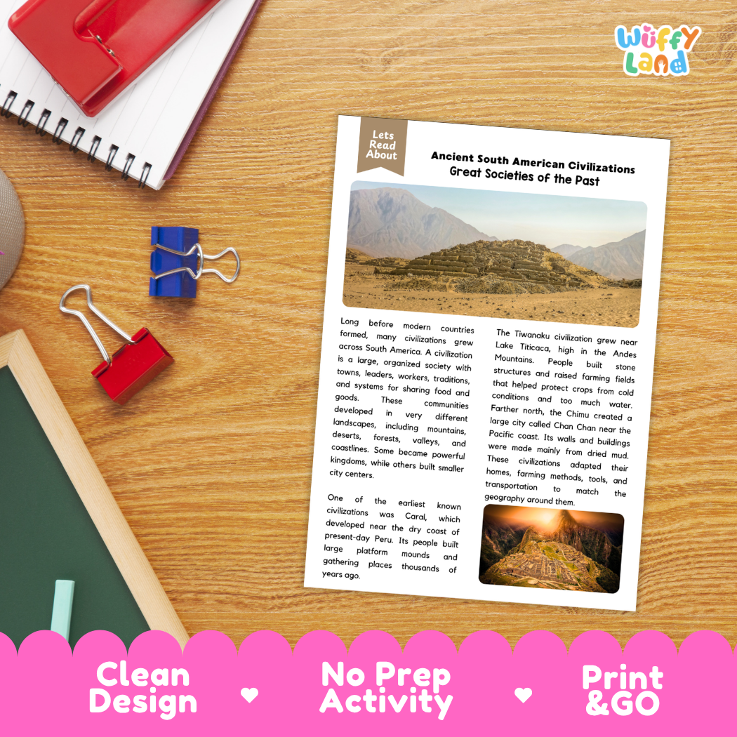 Student reading comprehension worksheet with short-answer questions and lined sections about ancient South American civilizations