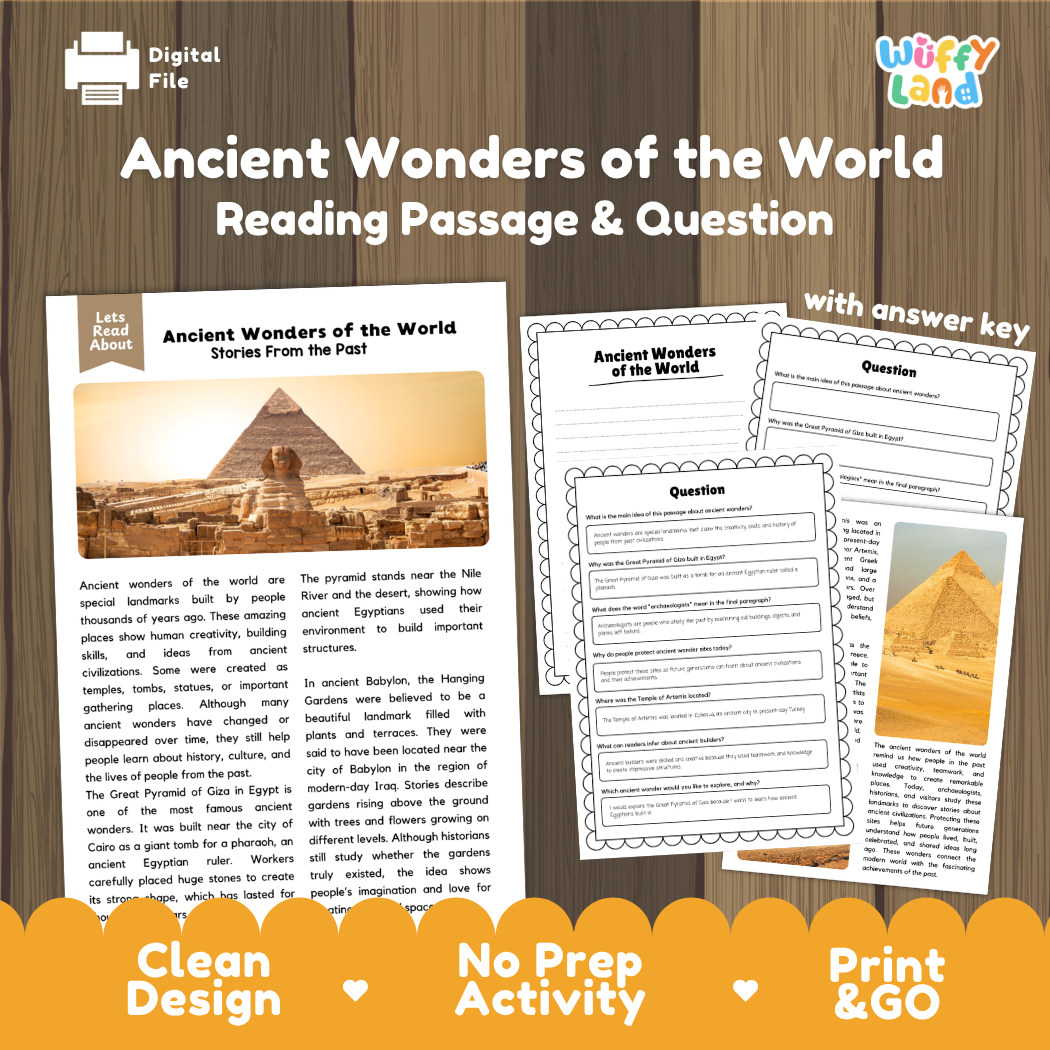 Ancient Wonders of the World reading comprehension passage and questions printable activity pack with answer key for elementary students