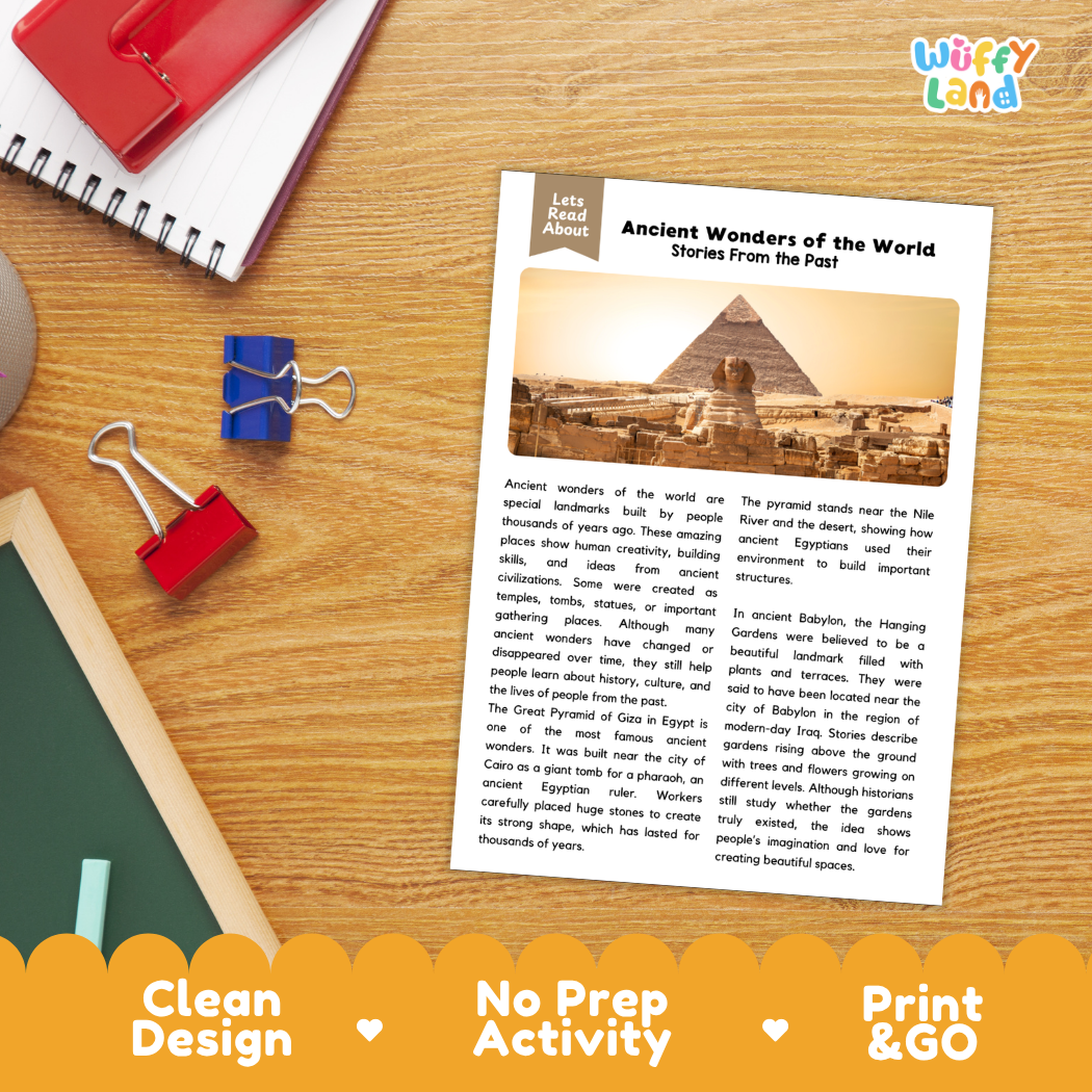 Student reading comprehension worksheet with short-answer questions and lined sections about ancient wonders of the world