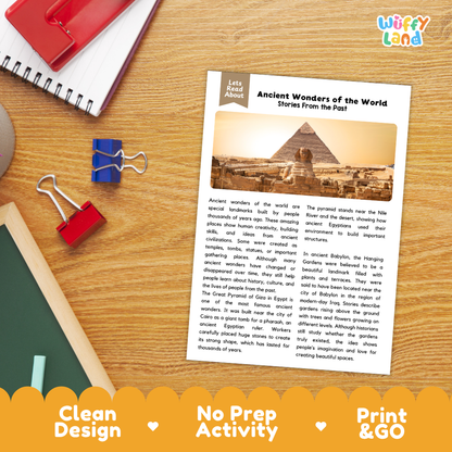 Student reading comprehension worksheet with short-answer questions and lined sections about ancient wonders of the world