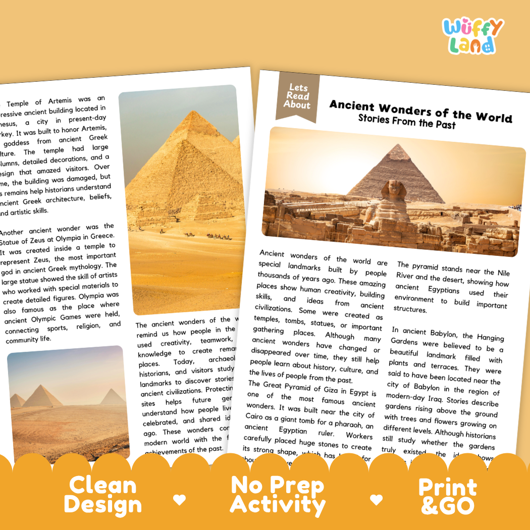 Teacher answer key page showing complete question solutions for Ancient Wonders of the World history reading comprehension practice