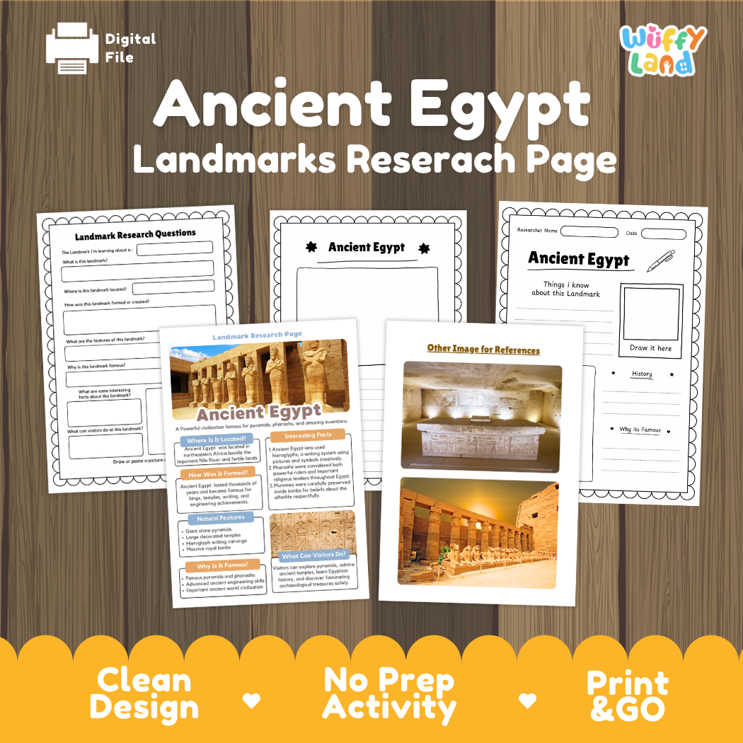 Digital product preview for an 'Ancient Egypt Landmarks Research Page' by Wiffy Land, displayed on a wood-grain background. The image shows several printable worksheet pages and a reference sheet about the Luxor Temple, with text badges at the bottom reading 'Clean Design', 'No Prep Activity', and 'Print & GO'.