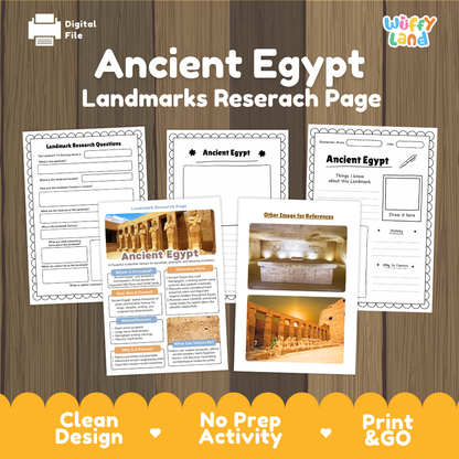 Digital product preview for an 'Ancient Egypt Landmarks Research Page' by Wiffy Land, displayed on a wood-grain background. The image shows several printable worksheet pages and a reference sheet about the Luxor Temple, with text badges at the bottom reading 'Clean Design', 'No Prep Activity', and 'Print & GO'.