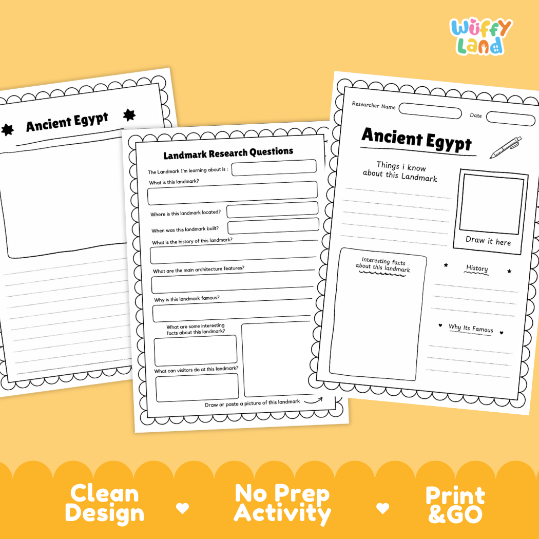 Three printable educational activity sheets for Ancient Egypt displayed on a yellow background with decorative text banners. The sheets include writing and drawing activities such as 'Landmark Research Questions' and 'Ancient Egypt: Things I know about this Landmark.
