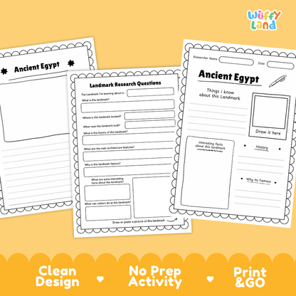 Three printable educational activity sheets for Ancient Egypt displayed on a yellow background with decorative text banners. The sheets include writing and drawing activities such as 'Landmark Research Questions' and 'Ancient Egypt: Things I know about this Landmark.
