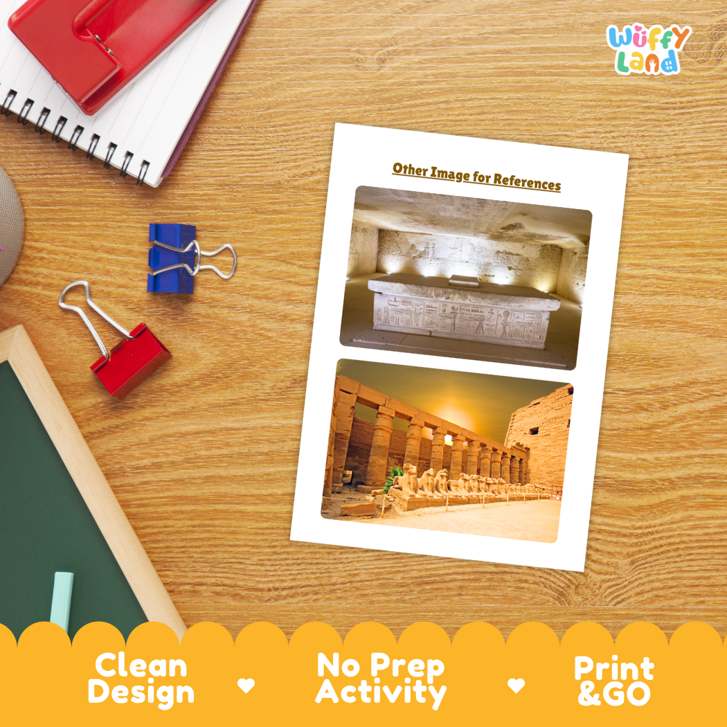 A printed reference card with two photos of ancient stone structures lies on a wooden desk, surrounded by school-style props like a spiral notebook, binder clips, and a chalkboard. The card has the text 'Other Image for References' and a 'Wiffy Land' logo appears in the top right corner.