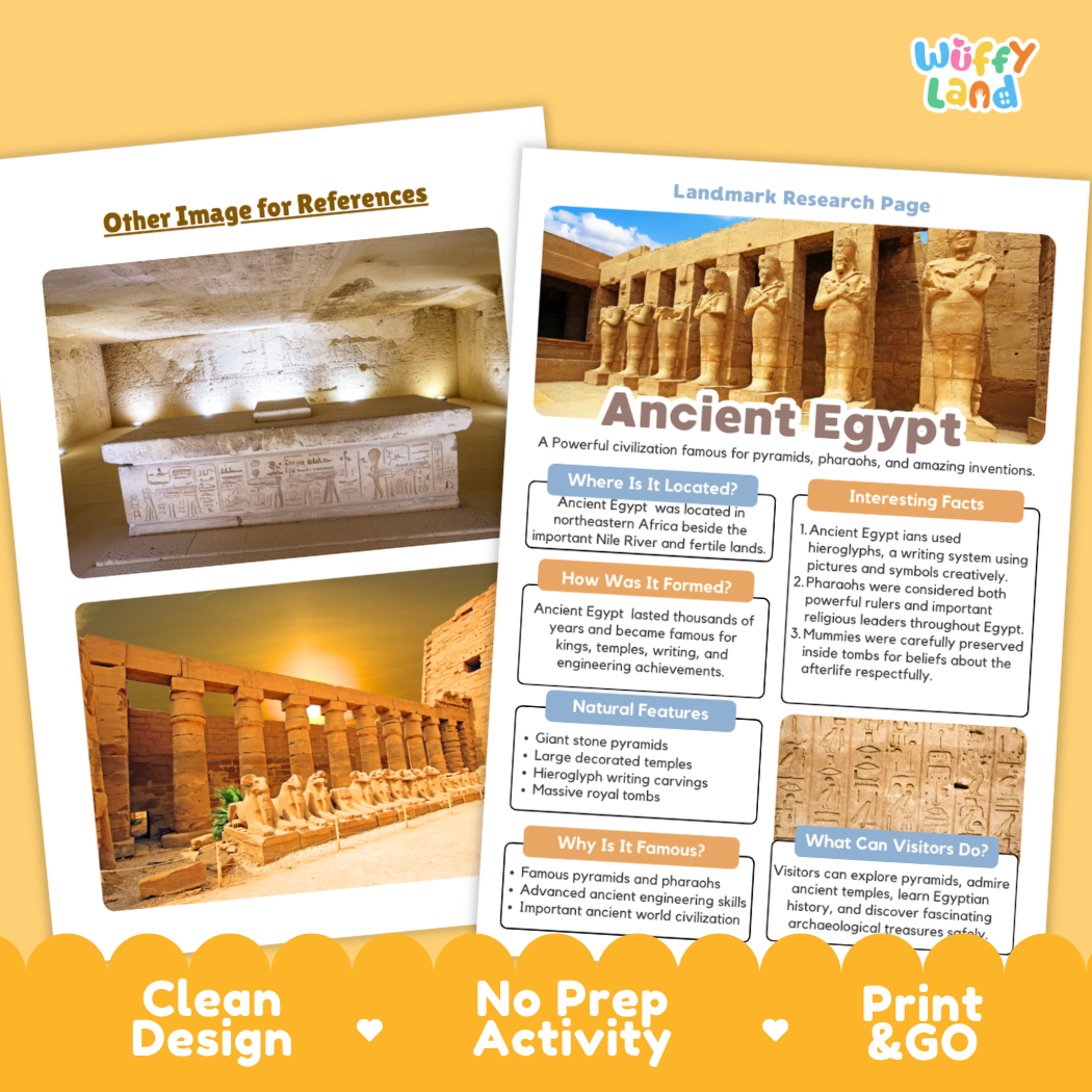 An educational poster about Ancient Egypt displayed on a yellow background. The poster features a photograph of an Egyptian tomb and a columned temple, with text sections including 'Landmark Research Page' and 'Ancient Egypt'.