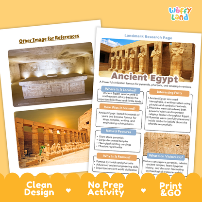 An educational poster about Ancient Egypt displayed on a yellow background. The poster features a photograph of an Egyptian tomb and a columned temple, with text sections including 'Landmark Research Page' and 'Ancient Egypt'.