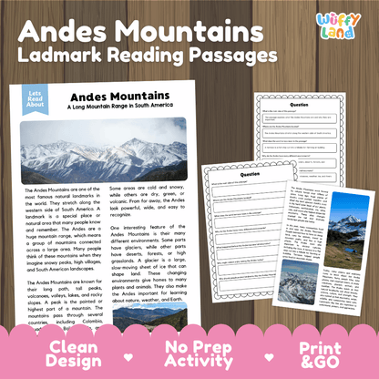 Andes Mountains landmark reading passages educational study unit featuring nonfiction reading worksheets and authentic snow capped mountain photography