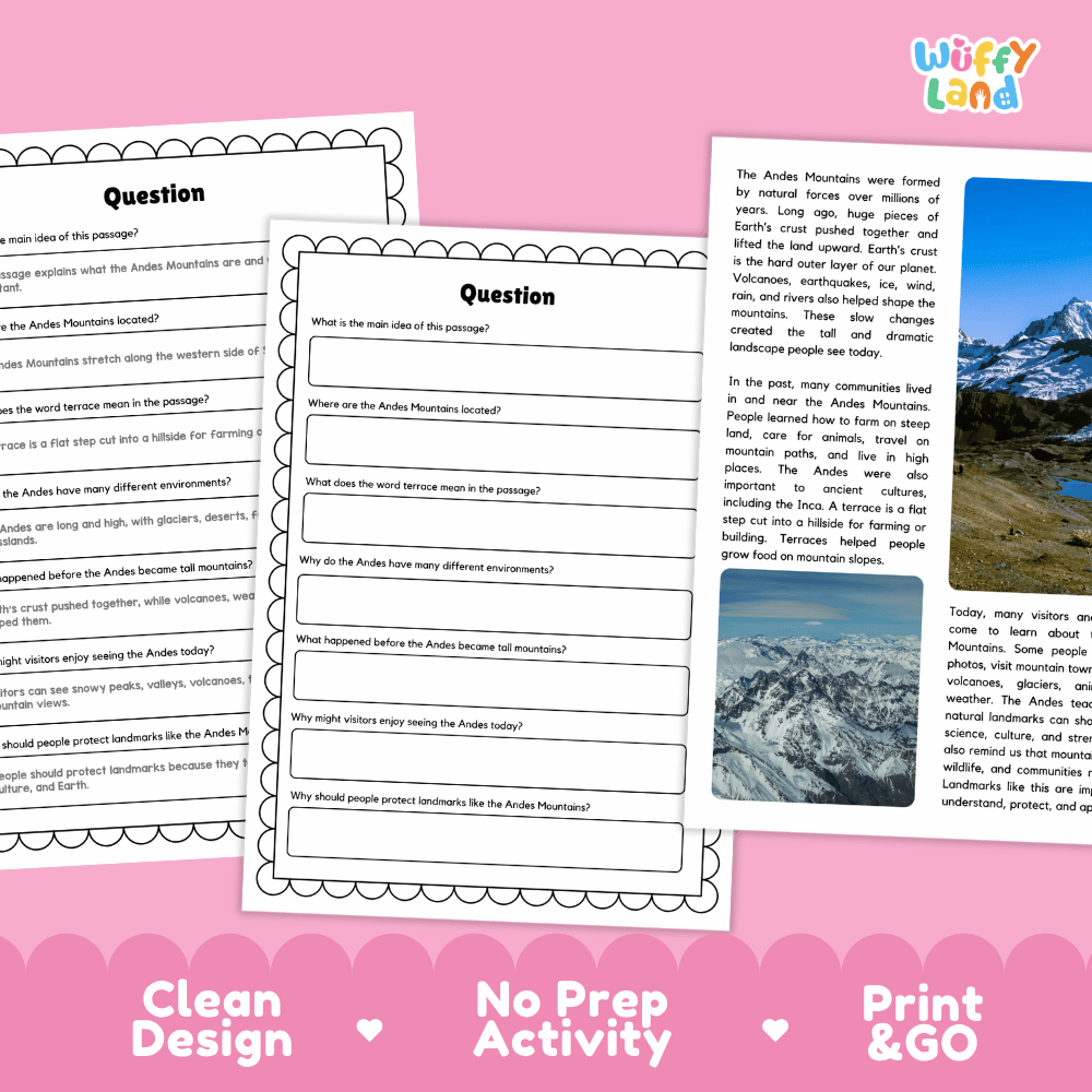 Student reading passage titled A Long Mountain Range in South America detailing Andes peaks, volcanoes, valleys, and mountain photography