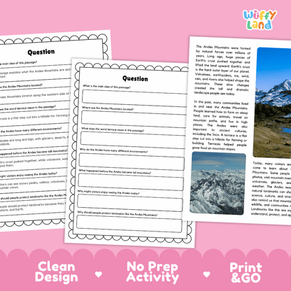 Student reading passage titled A Long Mountain Range in South America detailing Andes peaks, volcanoes, valleys, and mountain photography