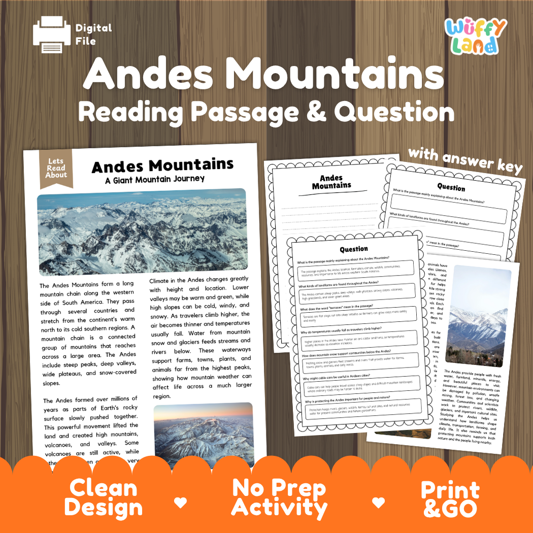 Andes Mountains reading comprehension passage and questions printable activity pack with answer key for elementary students