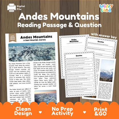Andes Mountains reading comprehension passage and questions printable activity pack with answer key for elementary students