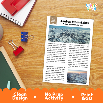 Student reading comprehension worksheet with short-answer questions and lined sections about the Andes Mountains